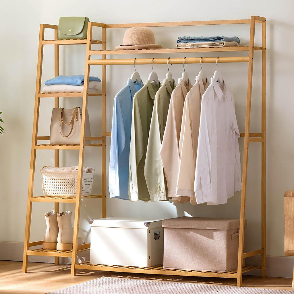 Clothing Garment Rack, Free Standing Clothes Coat Hanger, Closet Organizer w,Shoe Rack, Multi tiered Wardrobe Storage Shelves, Clothes Hanging Racks for Hall, Living Room, Bedroom, Entryway