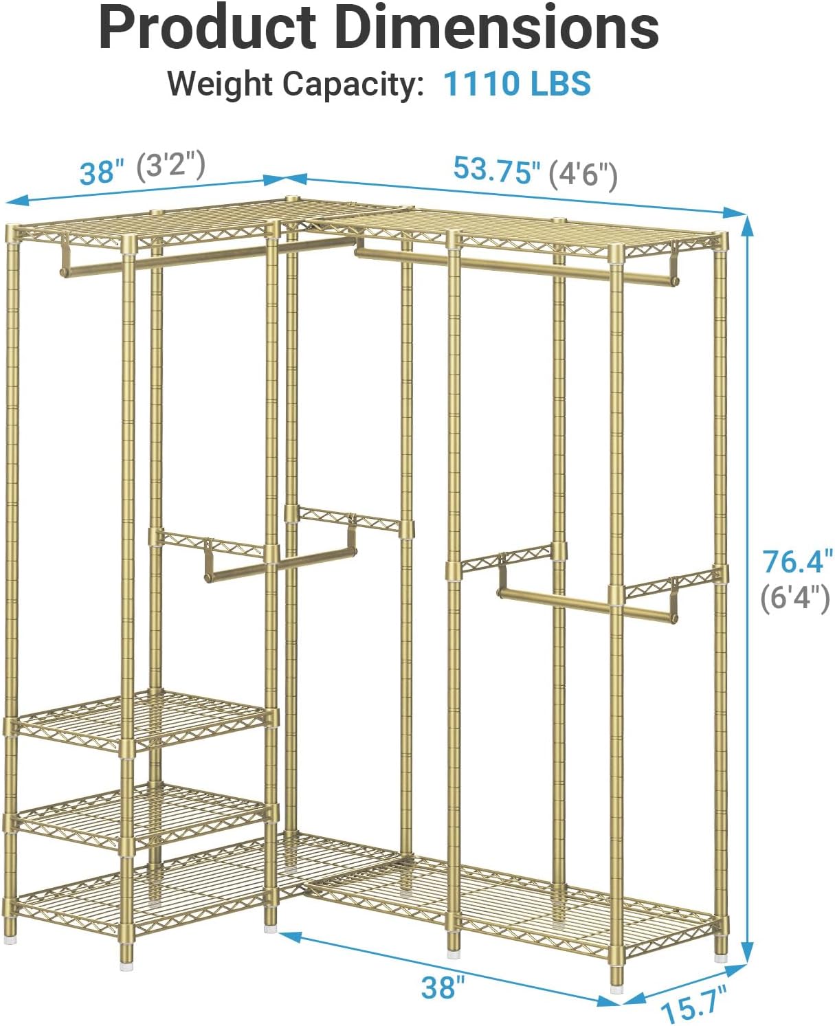 VIPEK L40 Corner Clothes Rack, Heavy Duty L-Shaped Freestanding Closet, Metal Clothing Rack, Corner Wardrobe for Hanging Clothes, 53.75' L x 38' W x 76.4' H, Load Capacity 1110 LBS, Gold