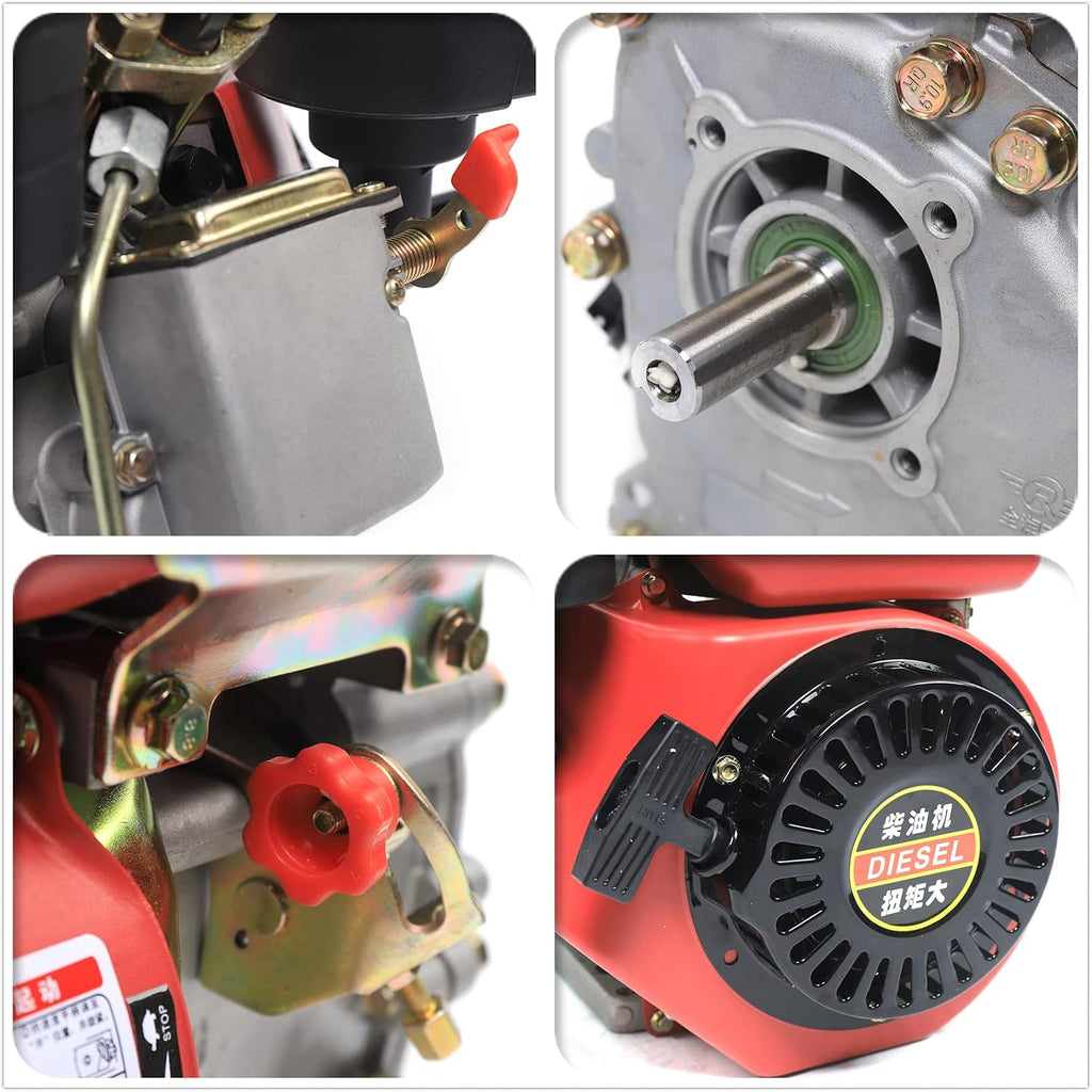 Diesel Engine 196CC 4 Stroke Single Cylinder Forced Air Cooling Horizontal Axis Engine Recoil Hand Start 53mm Shaft Length 3000RPM 2.2KW (Red)