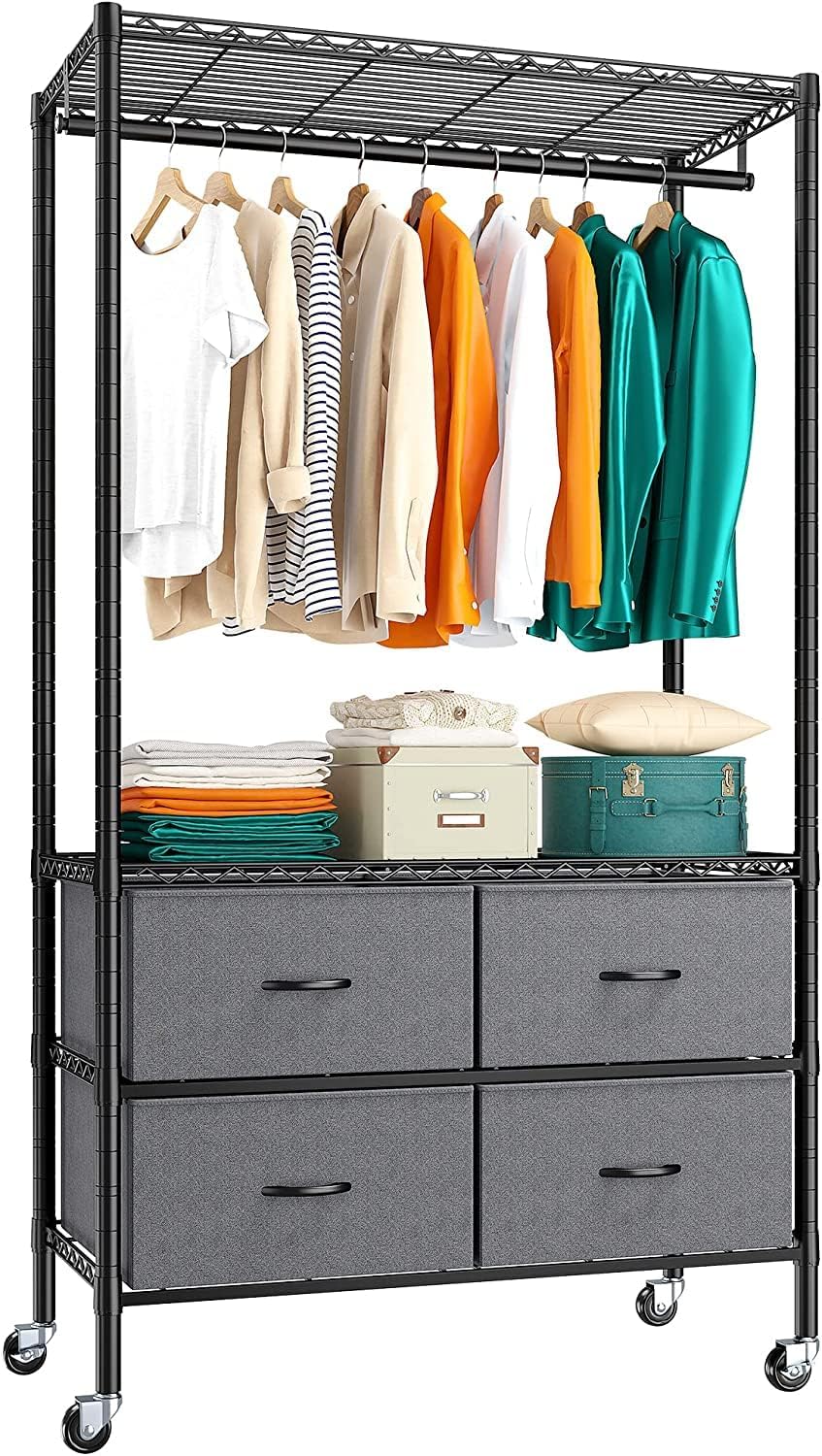Raybee Rolling Clothes Rack for Hanging Clothes, Clothing Rack with 4 Fabric Drawers and Wheels, Portable,Adjustable,Sturdy,Black