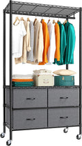 Raybee Rolling Clothes Rack for Hanging Clothes, Clothing Rack with 4 Fabric Drawers and Wheels, Portable,Adjustable,Sturdy,Black