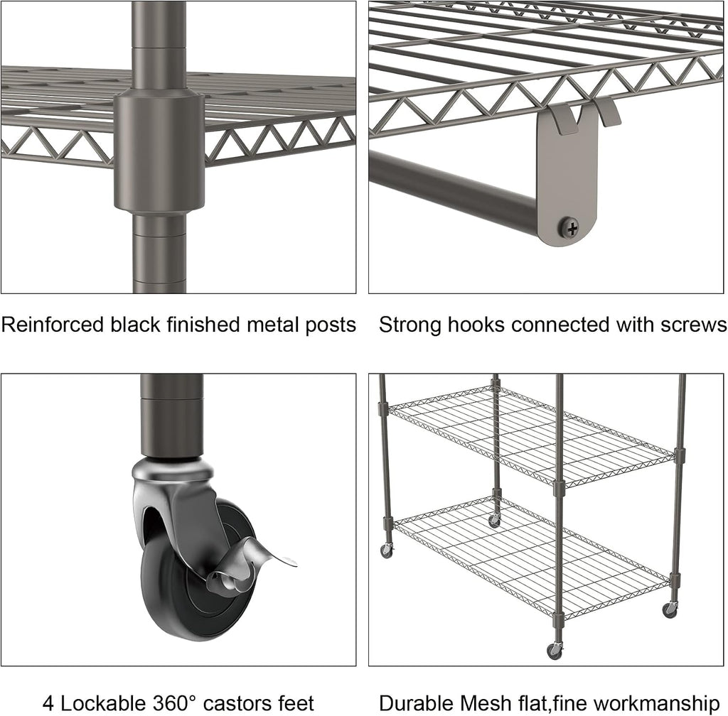 Himimi 3 Tier Wire Shelving Clothes Rack with Wheels, Heavy Duty Rolling Garment Rack with Double Rods, 4 Side Hooks, Freestanding Metal Wardrobe Storage Rack, Grey