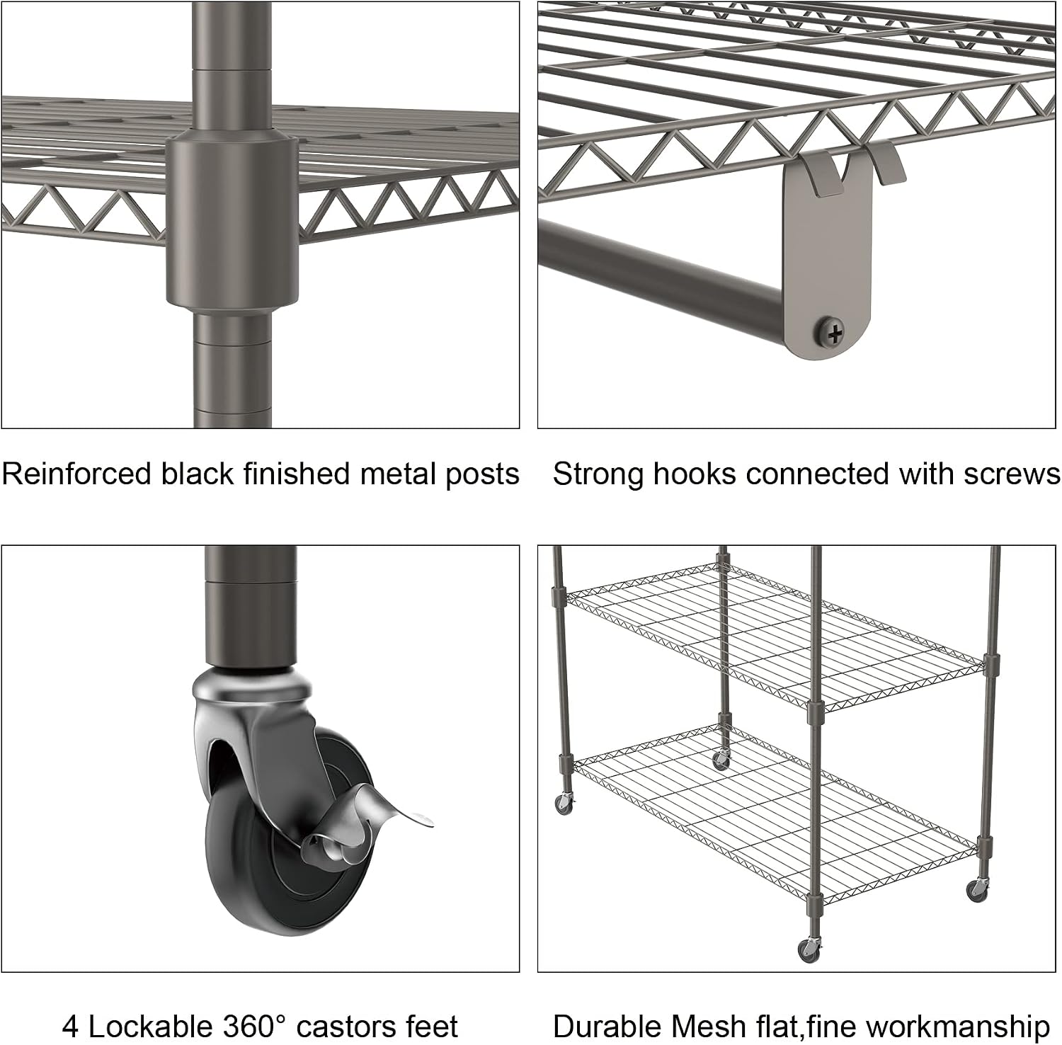 Himimi 3 Tier Wire Shelving Clothes Rack with Wheels, Heavy Duty Rolling Garment Rack with Double Rods, 4 Side Hooks, Freestanding Metal Wardrobe Storage Rack, Grey