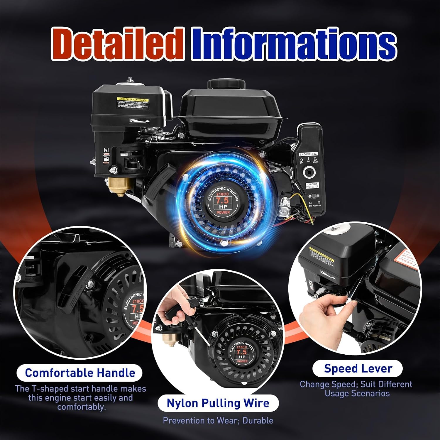 210cc 7.5Hp Gas Engine,4-Stroke Gas Motor Electric Start Go Kart Gas Engine Industrial Grade OHV Gasoline Engine for Compressor Scarifier Lawn Mower (4Stroke 7.5Hp Black)