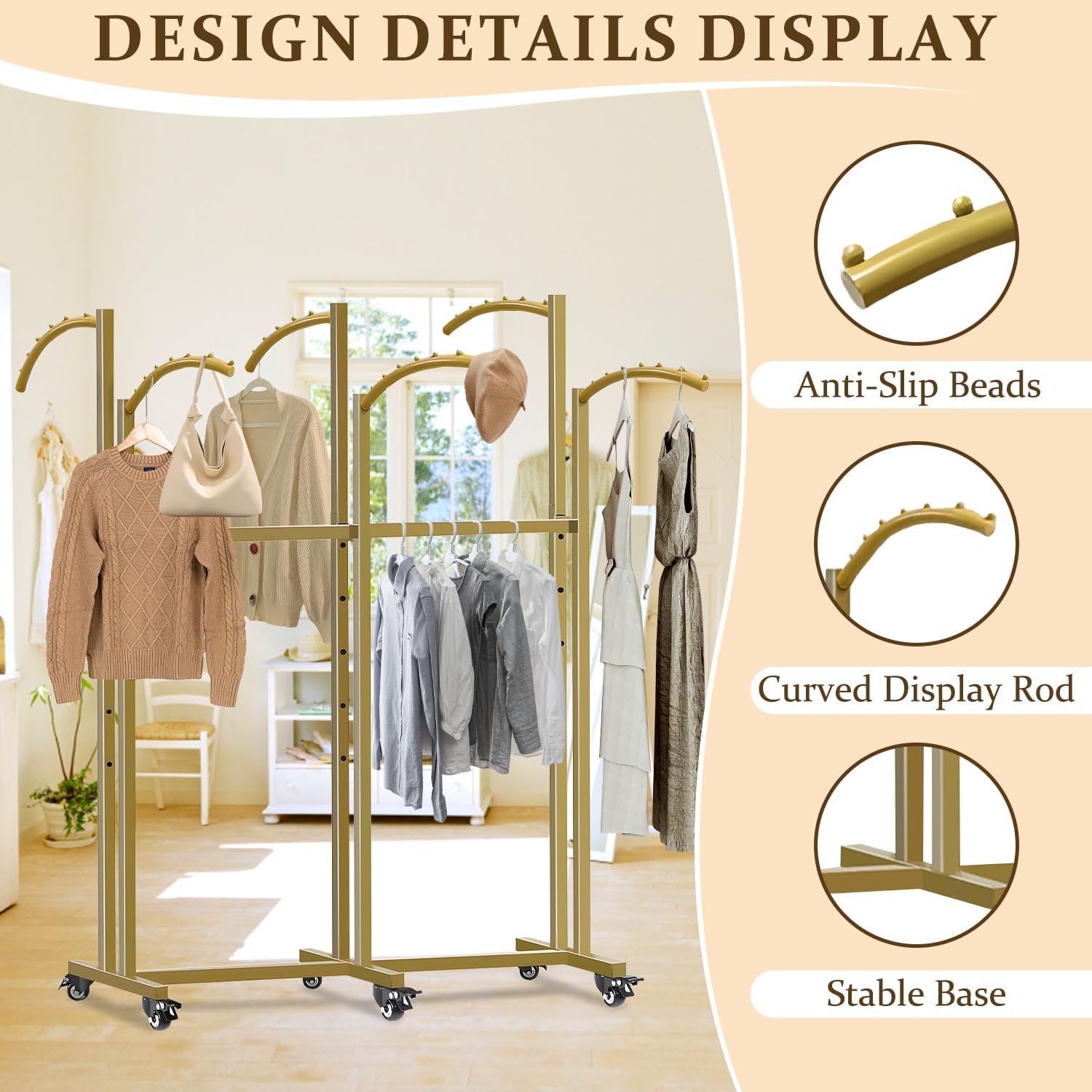 Floor Standing Metal Garment Rack With Wheels, 6 Arms Clothing Rack, Heavy Duty Metal Clothing Garment Rack with Curved Arms, Display Rack for Hanging Clothes,Gold