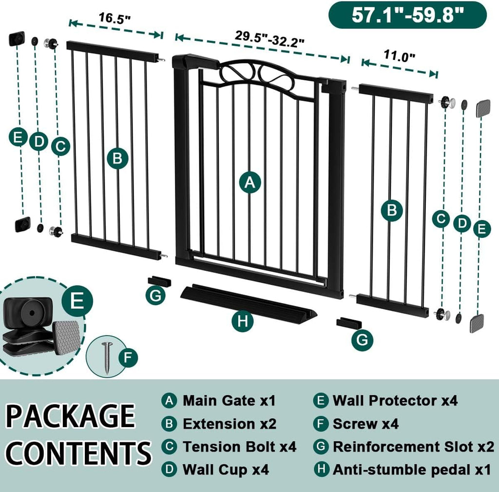 Fairy Baby 57.1'-59.8' Extra Wide Baby Gates with Door, 58 59 Inches Child Gate for Todder Kids, Metal Pressure Mounted Pet Dog Gate, Walk Thru Safety Gate for Doorway Stairs, Black