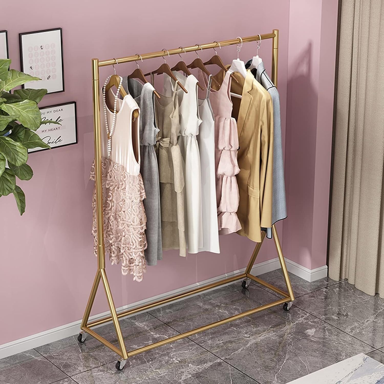 Heavy-Duty Multifunctional Clothing Rack with Wheels & Shelves, Gold Metal Garment Rack for Hanging Clothes, Large Capacity, 100x40x155CM, Perfect for Home & Retail Use