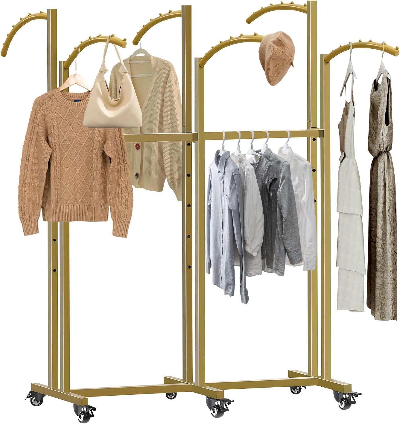 Clothes Rack 6 Arms Clothing Display Racks for Retail, Floor Standing Metal Garment Rack with Wheels 48'' to 67'' Adjustable Height for Hanging Clothes,Gold