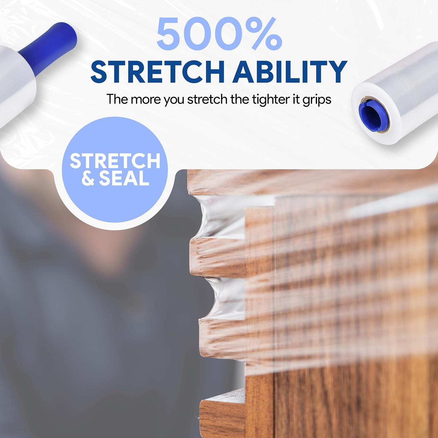 International Plastics Co. 5' Plastic Stretch Film Wrap with Rotating Handle 1000 feet 500% Stretch Ability (36 Pack, 5' Spinning Handles)