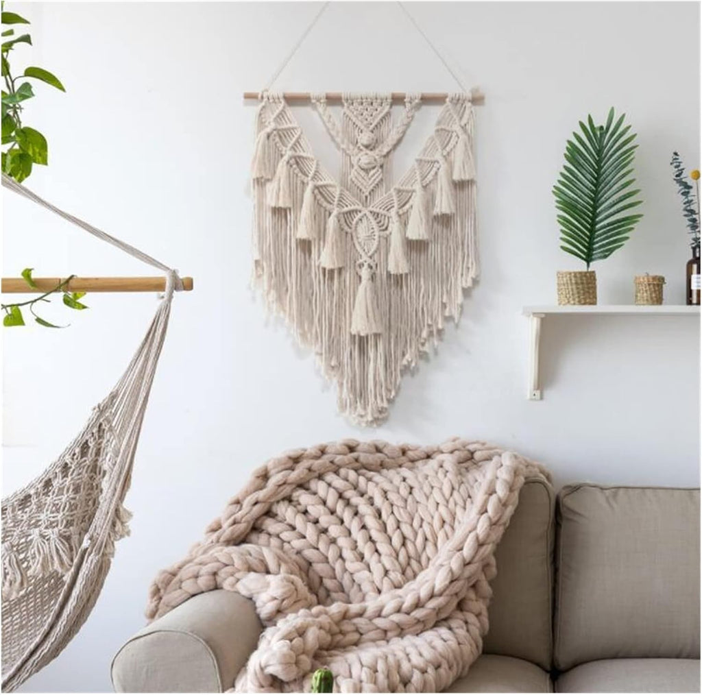 Tapestry Macrame Wall Hanging Tapestry Handmade Cotton Bohemian Hand-Woven Tapestry Home Bedroom Decoration (Beige 55x70cm)