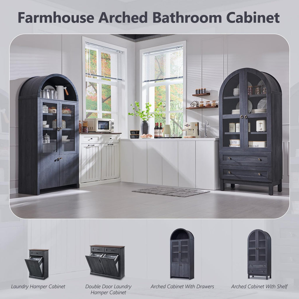 71' Tall Arched Bathroom Storage Cabinet, 4-Tier cabinet w/2 Large Drawers &Adjustable Shelves, Wooden Bathroom Floor cabinets w/Glass Doors, Modern Farmhouse Versatile Cabinets for bathroom,Dark Grey