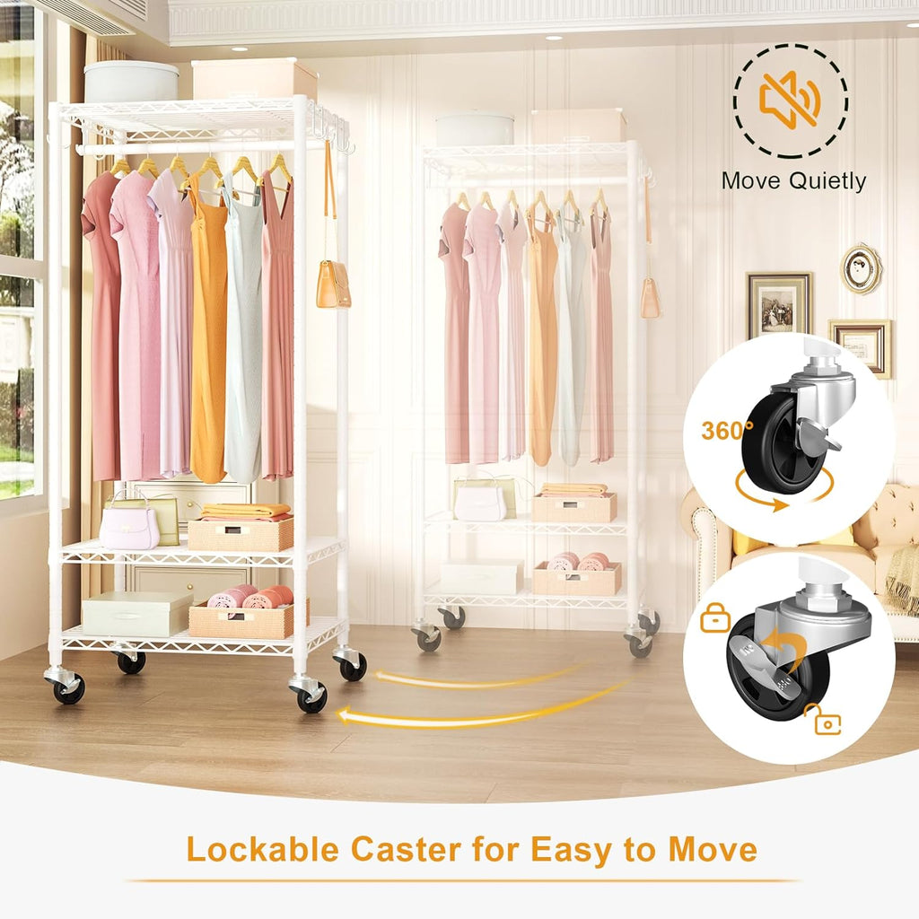 FUTASSI P3 & P6 Mini Rolling Clothes Rack White Bundle, Clothing Racks for Hanging Clothes, Freestanding Garment Rack with Wheels