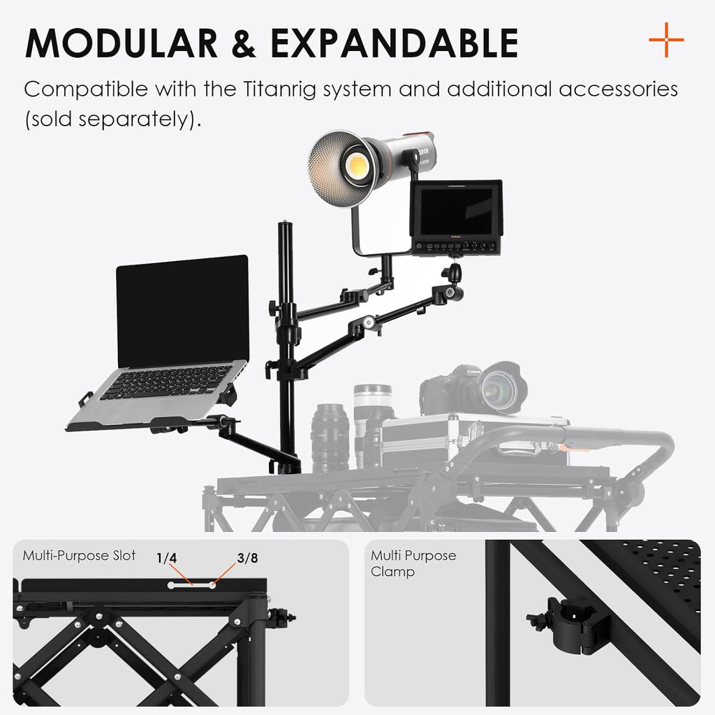 TARION Video Production Camera Cart - Heavy Duty 440lb Load Capacity Cine Dolly - Foldable 3 Tray Mobile Workstation - 9 Inch Swivel Wheels - Titanrig Cart
