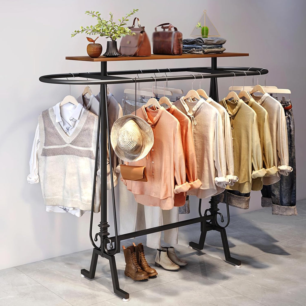 Round Clothing Rack, Commercial Floor Standing Clothes Rack, Oval Iron Clothing Hanging Rack, for Bedrooms Hanging Apparel, Boutiques Display, Laundry Room (Black)