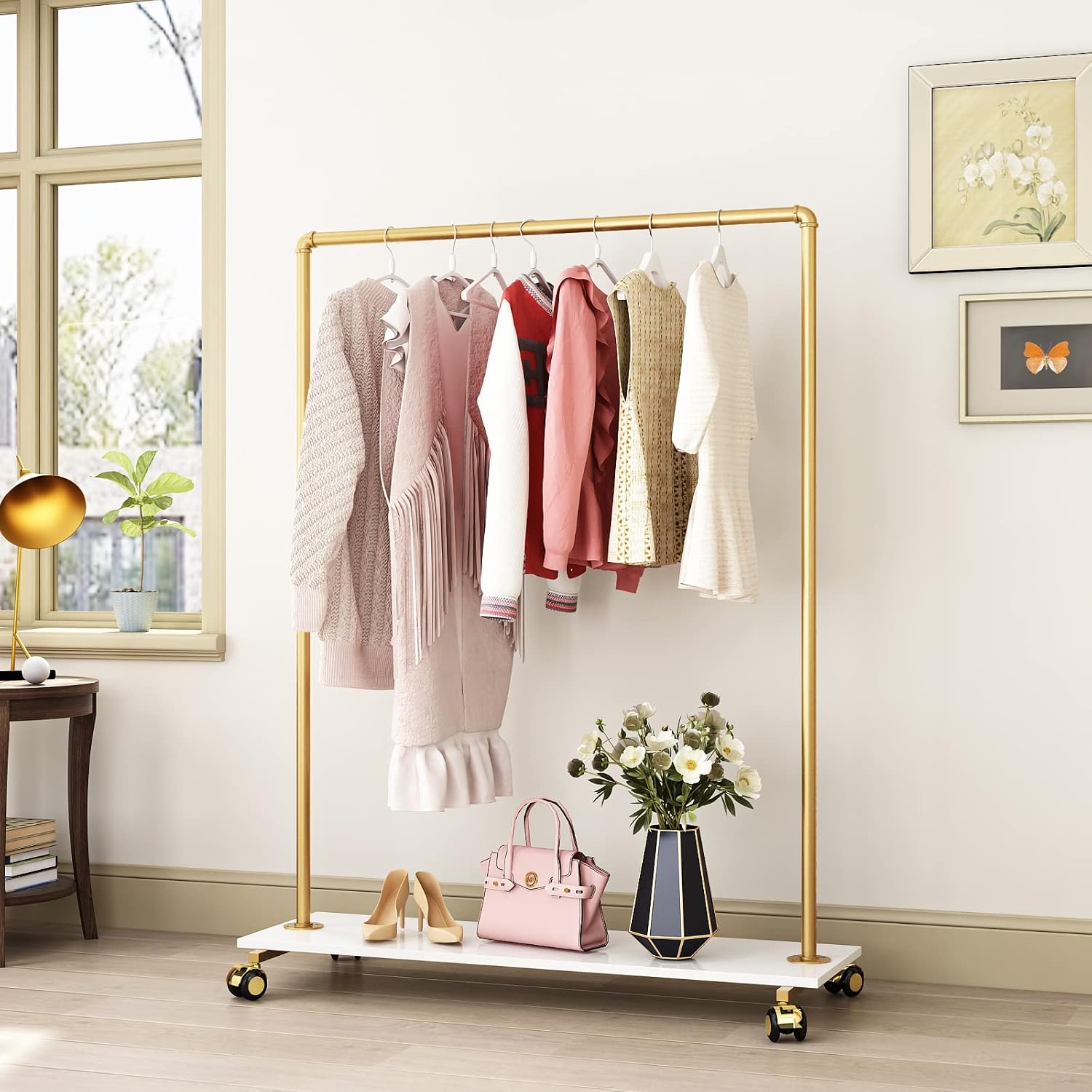 Gold Metal Clothing Rack with Wood Shelf, Heavy Duty Rolling Garment Rack with Wheels for Bedroom Retail Boutique Use (49.21L inches)