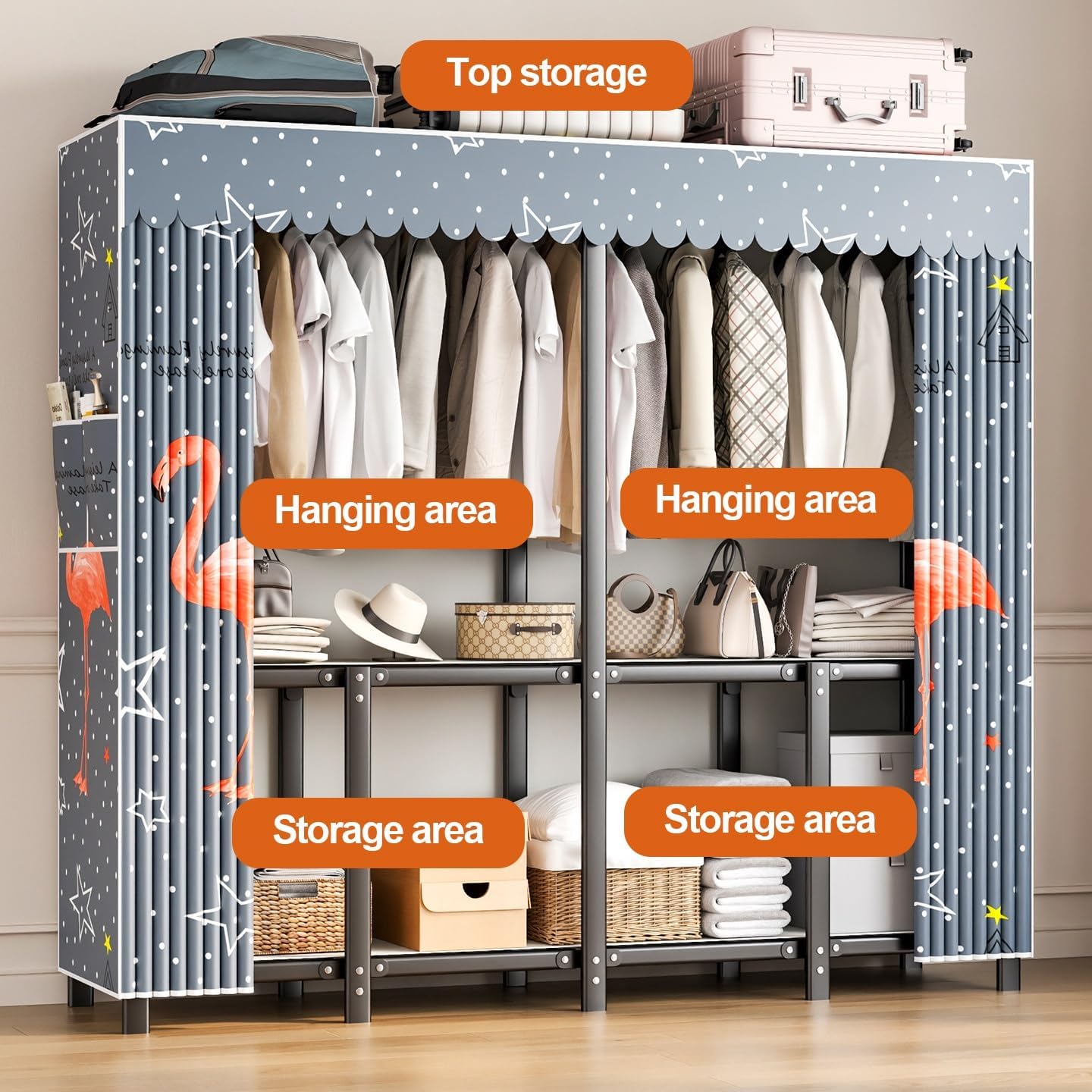 Heavy Duty Clothes Rack, Metal Garment Rack Closet For Bedroom, Foldable Wardrobe Closet Covered, Freestanding Closet For Bedroom For Hanging Clothes(B,130cm/51.2in)