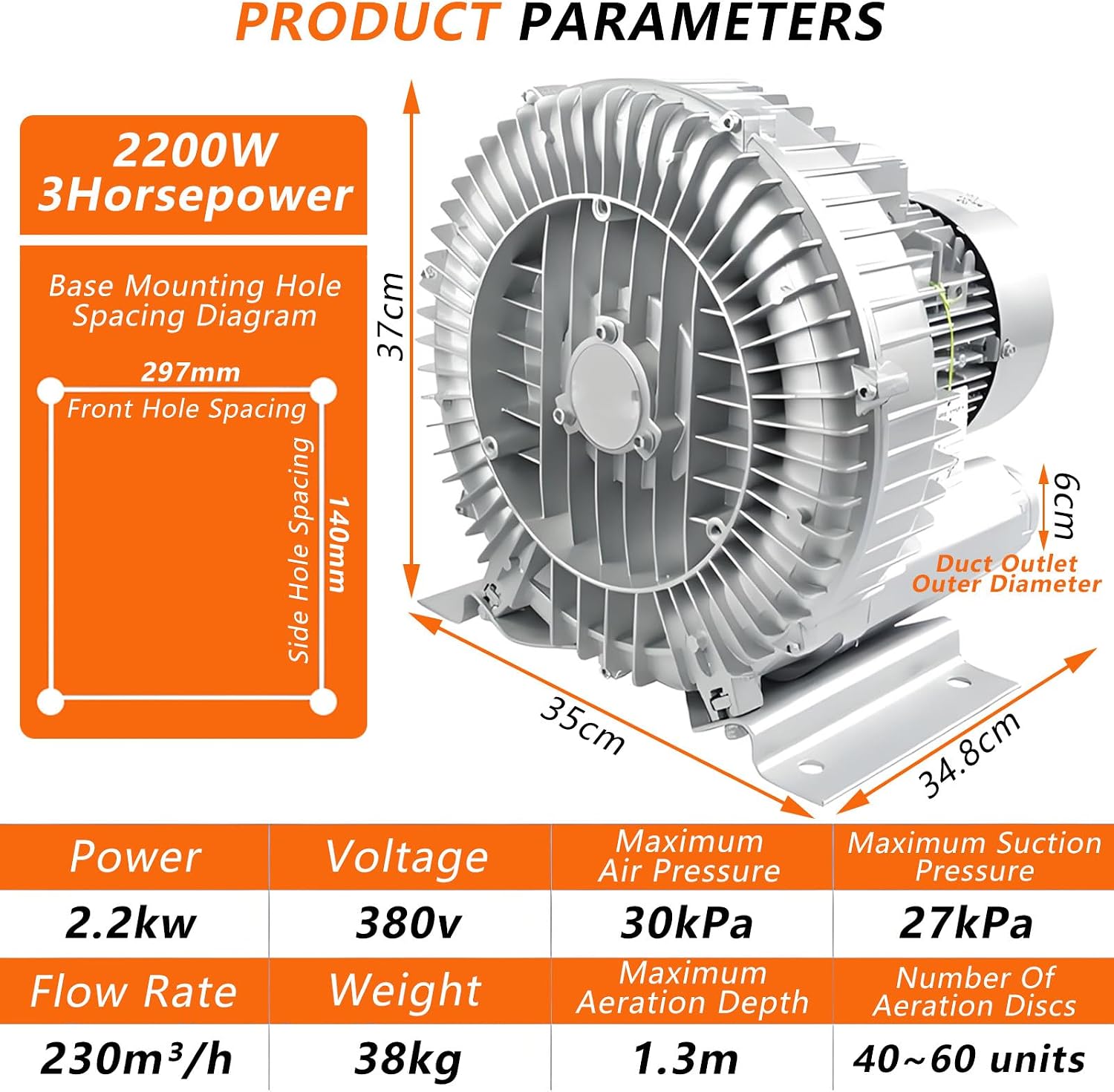Industrial Vortex Air Blower Pump 1500W-7500W,380V Three Phase,High-Pressure Regenerative Blower,for Heavy Duty Aquarium Aerator 2200W