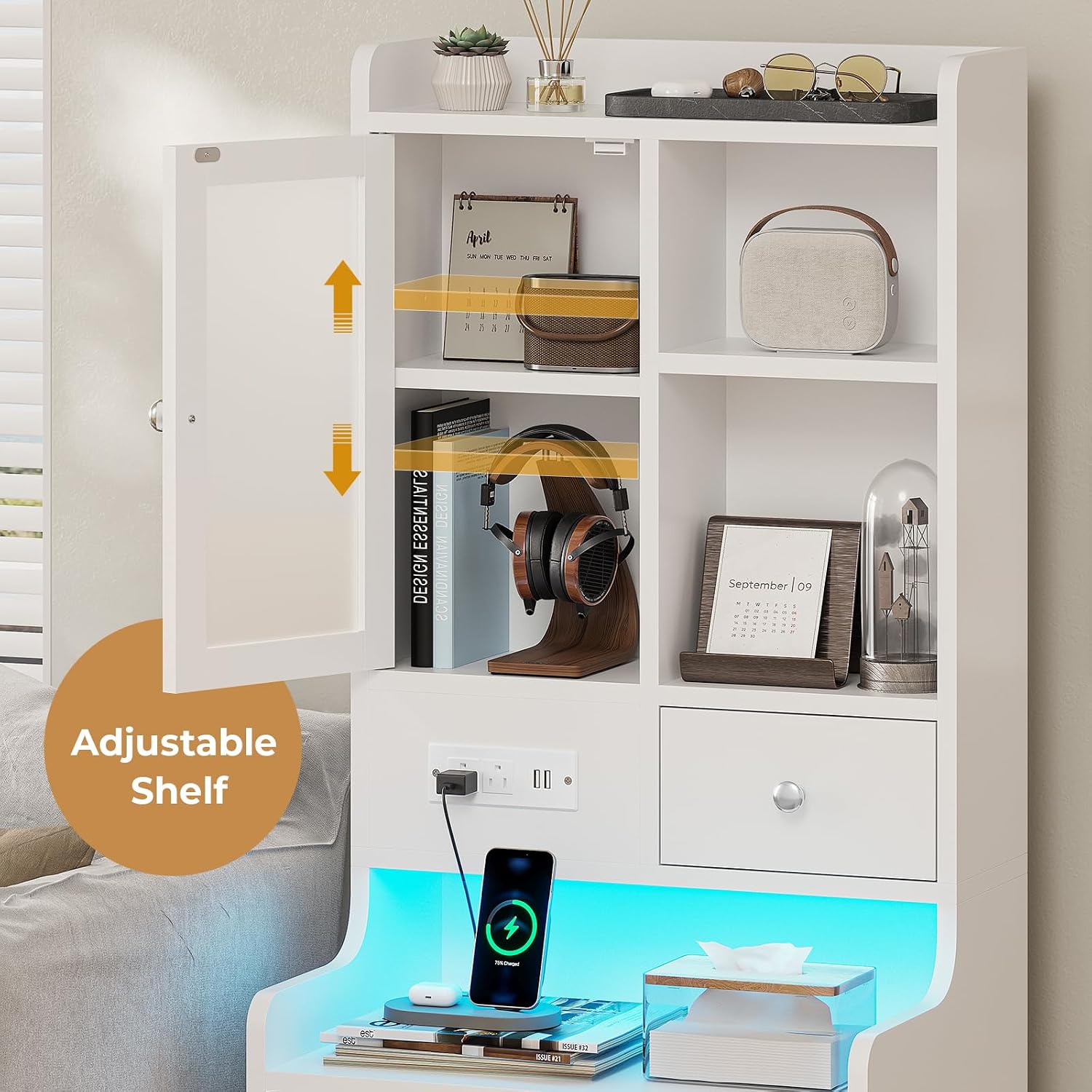 ADORNEVE White Nightstand Set of 2 with Charging Station,49.2' LED Night Stand for Bedroom,Tall Bedside Table with Bookshelf and Drawers,Side Tables Bedroom