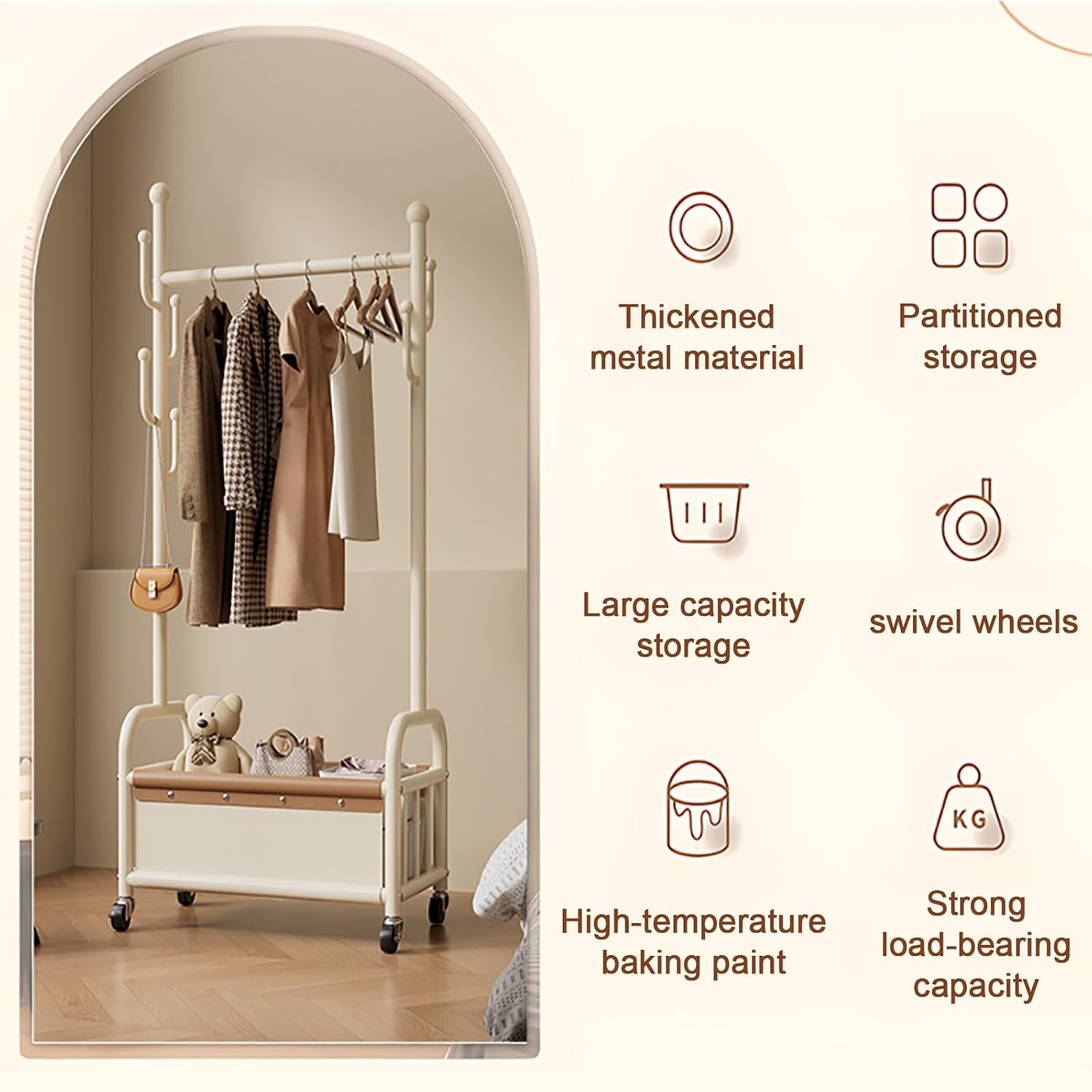 Metal Rolling Clothing Rack with Storage Basket & Side Hooks, Freestanding Garment Rack on Wheels,Portable clothes racks for Bedroom, Entryway, Small Space Organizer(White,60cm(23.6in))
