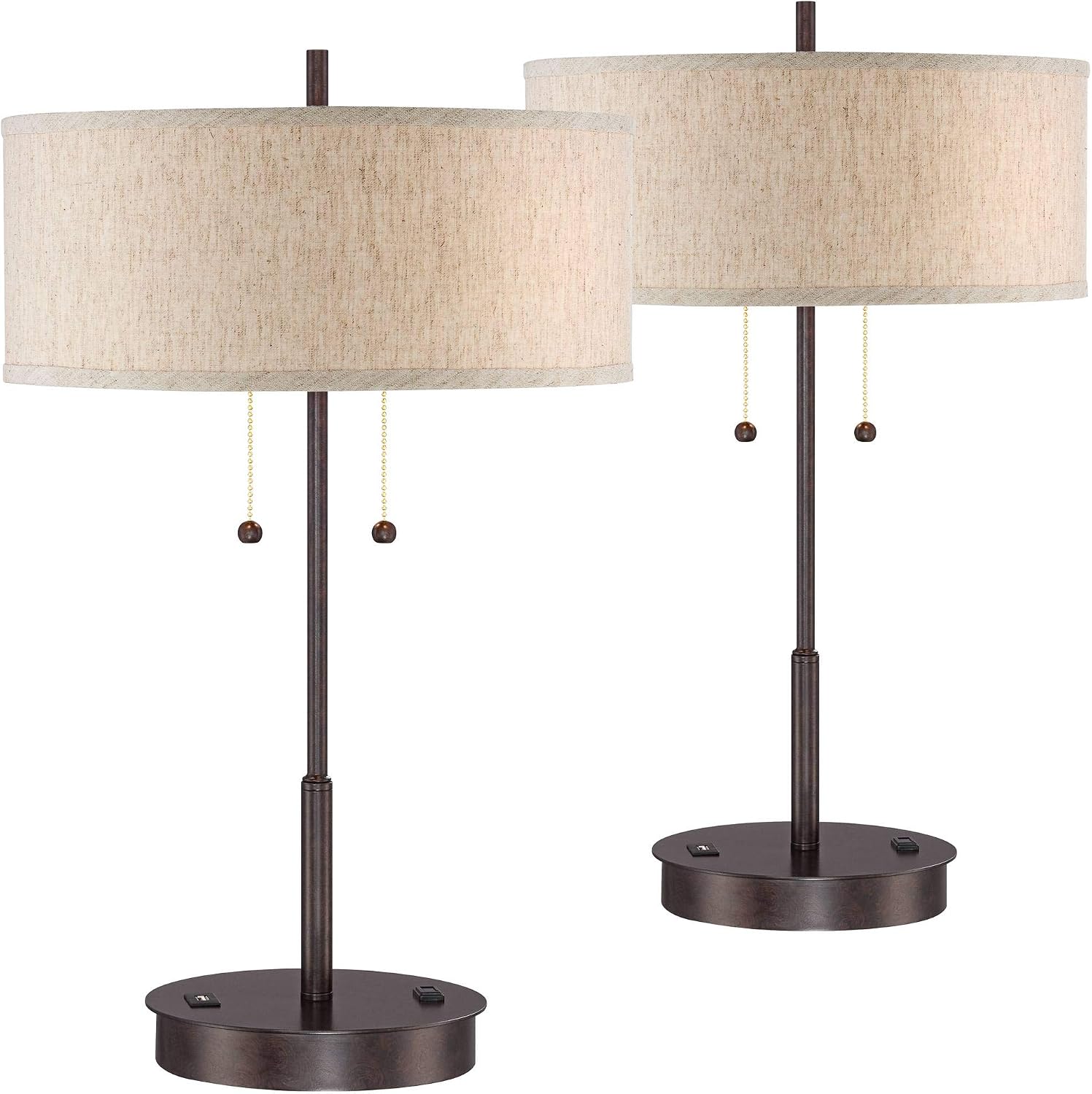 360 Lighting Nikola Modern Accent Table Lamps 23.5' High Set of 2 with Hotel Style USB and AC Power Outlet in Base Bronze Slim Fabric Drum Shade for Living Room Desk Bedroom House Bedside