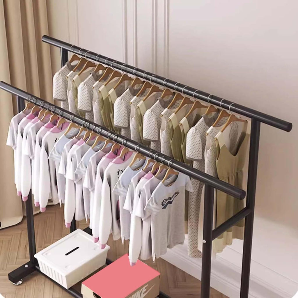 Heavy-Duty Metal Clothes Rack, Rolling Garment Rack with Sturdy Wheels & Shelves, Freestanding Double Rod Clothing Rack for Hanging, Portable Industrial Wardrobe Organizer