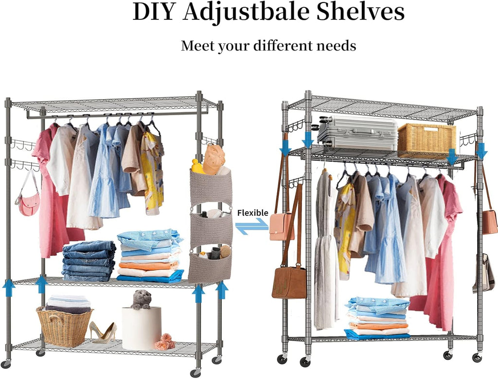 Himimi 3 Tier Wire Shelving Clothes Rack with Wheels, Heavy Duty Rolling Garment Rack with Double Rods, 4 Side Hooks, Freestanding Metal Wardrobe Storage Rack, Grey