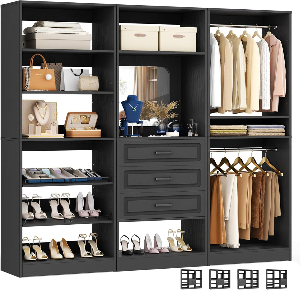 Unikito Modular Closet System with 3 Sets, 75'Closet Organizer System With Drawers, Mirror, Hanging Rods and Adjustable Shelves, Freestanding Wood Wardrobe Garment Rack, Walk in Closet Tower, Black