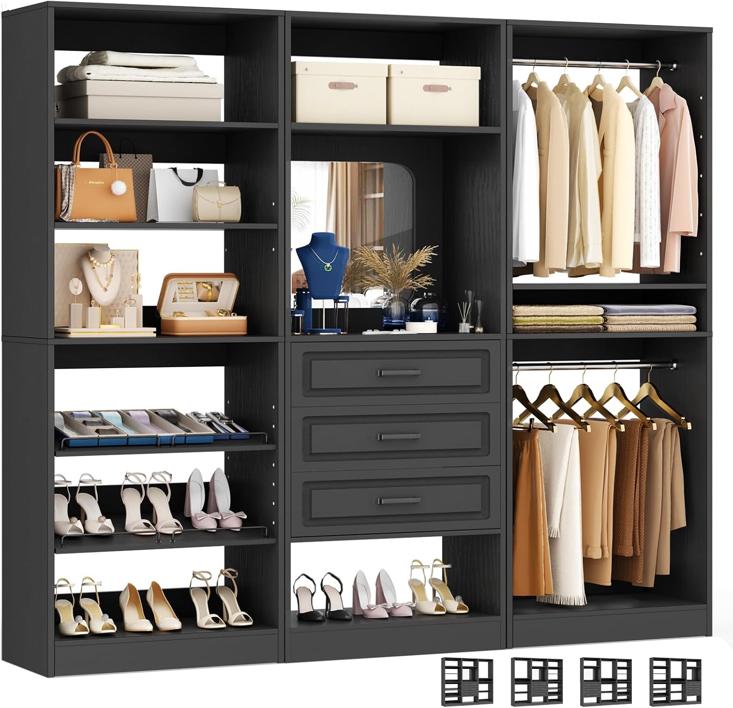 Unikito Modular Closet System with 3 Sets, 75'Closet Organizer System With Drawers, Mirror, Hanging Rods and Adjustable Shelves, Freestanding Wood Wardrobe Garment Rack, Walk in Closet Tower, Black