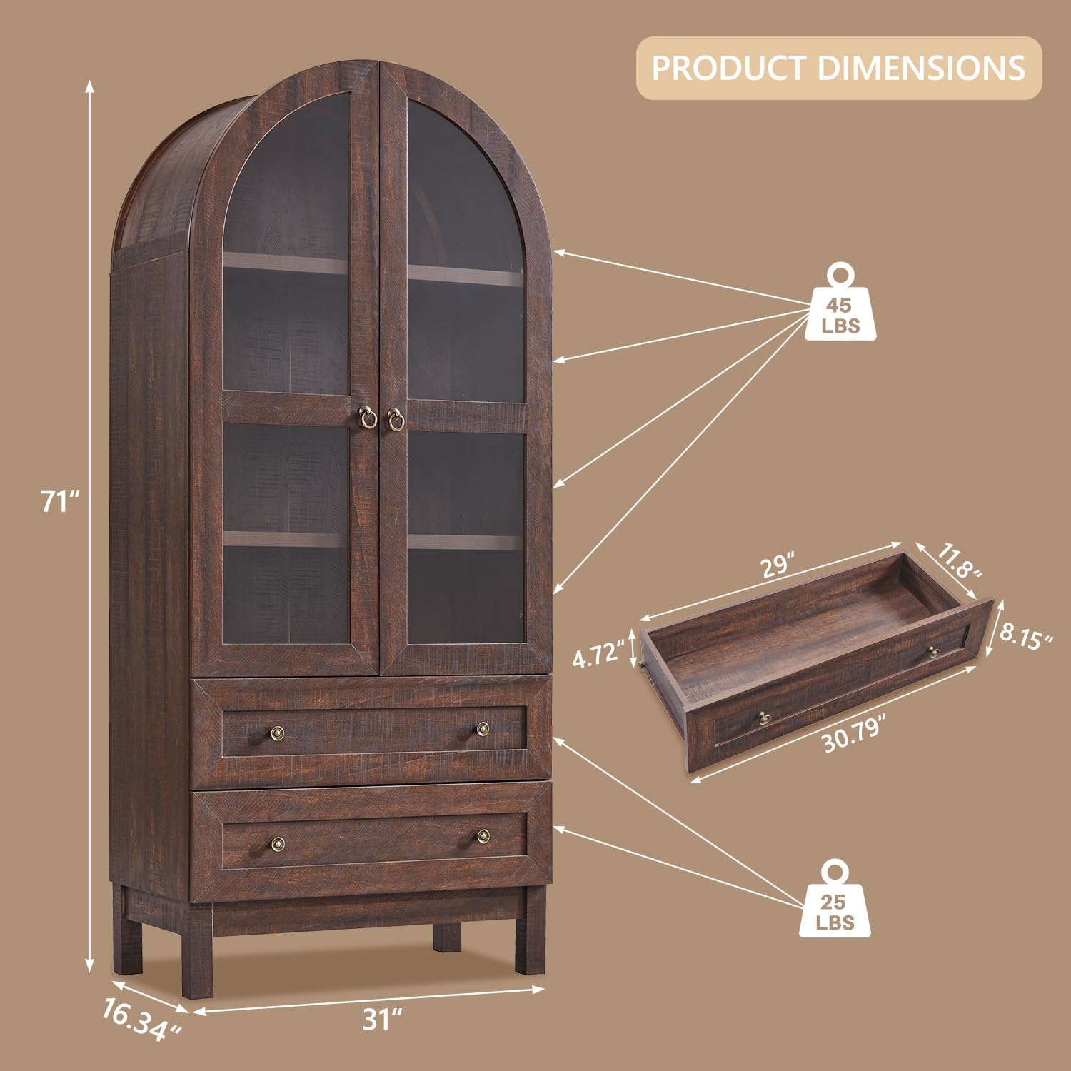 71' Tall Arched Bathroom Storage Cabinet, 4-Tier cabinet w/2 Large Drawers &Adjustable Shelves, Wooden bathroom Floor cabinets w/Glass Doors, Modern Farmhouse Versatile Cabinets for bathroom, Brown