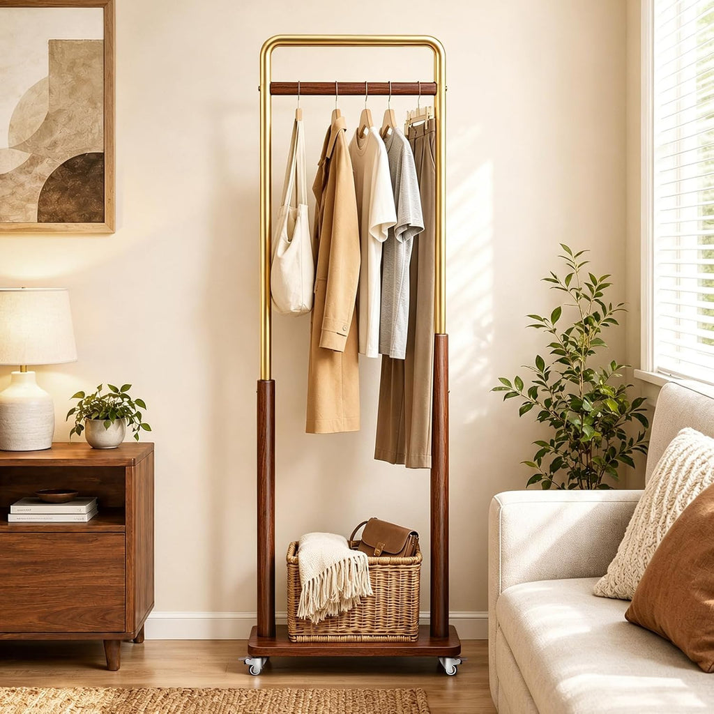 Taitiy Clothes Rack Solid Wood Coat Rack, Metal and Solid Wood Combination Clothing Rack with Wheels for Entryway, Bedroom, Living Room, Coat Racks Freestanding for Hanging Clothes Garment Scarf
