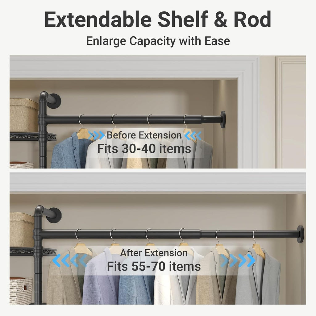 Timate S3X Medium Expandable Wall Mounted Clothes Rack with 6 Adjustable Shelves & 4 Expandable Hanger Rods, Heavy Duty Industrial Pipe Clothing Rack for Hanging Clothes, Fits Spaces 5'3'- 8', Black
