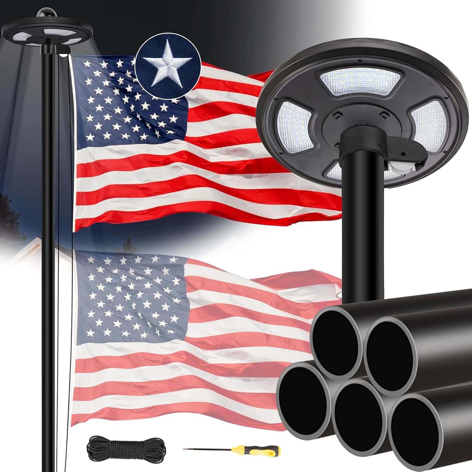 25FT Black Heavy Duty Flag Pole Kit with Solar Light & 3x5 Ft American Flag | Wind resistant 12 gauge aluminum flies no tangle 3x5 US flag, with 128 LED solar light for 10H continuous shining