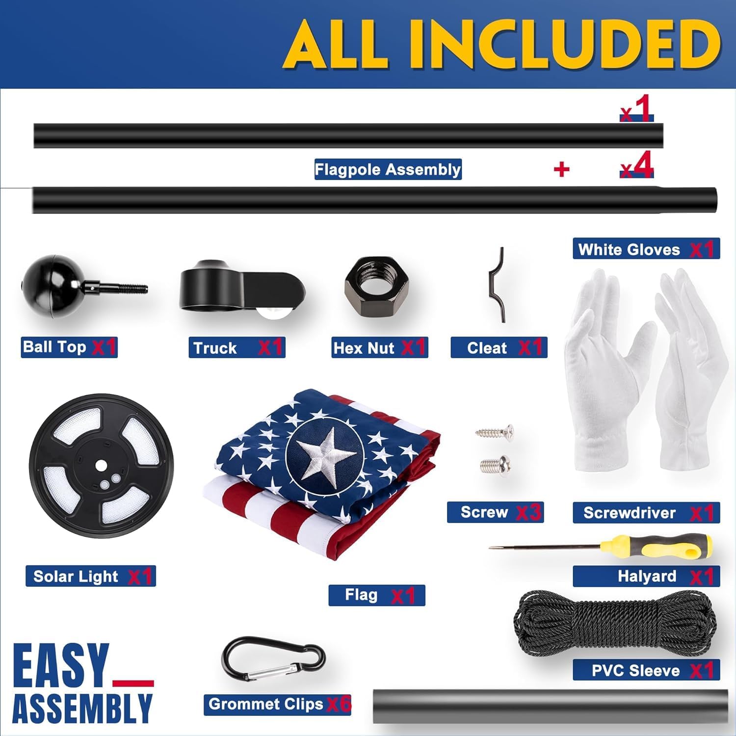 25FT Black Heavy Duty Flag Pole Kit with Solar Light & 3x5 Ft American Flag | Wind resistant 12 gauge aluminum flies no tangle 3x5 US flag, with 128 LED solar light for 10H continuous shining