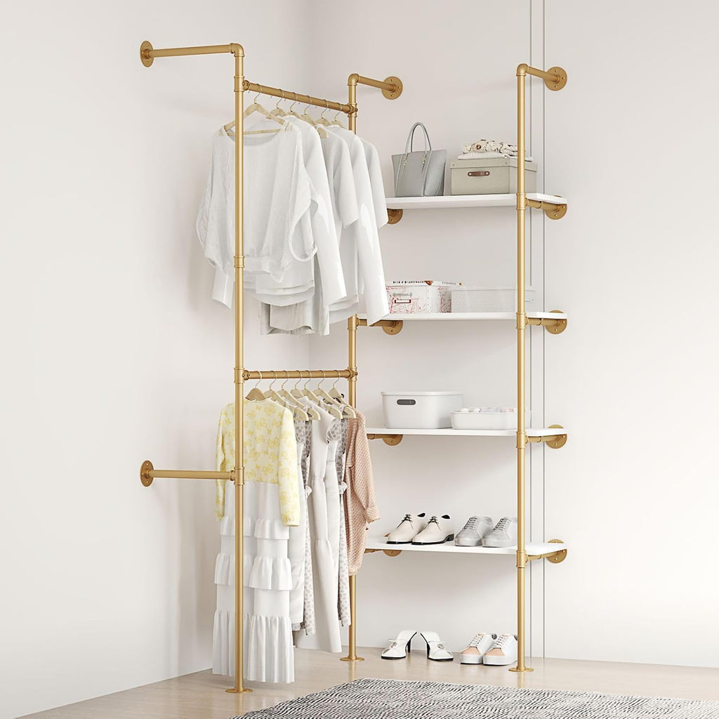 Industrial Pipe Clothing Rack, Hanging Rods Clothes Rack with Shelves, Clothes Rack for Wardrobe, Corner Closet System for Walk in Closets (Gold, II-4Tier)