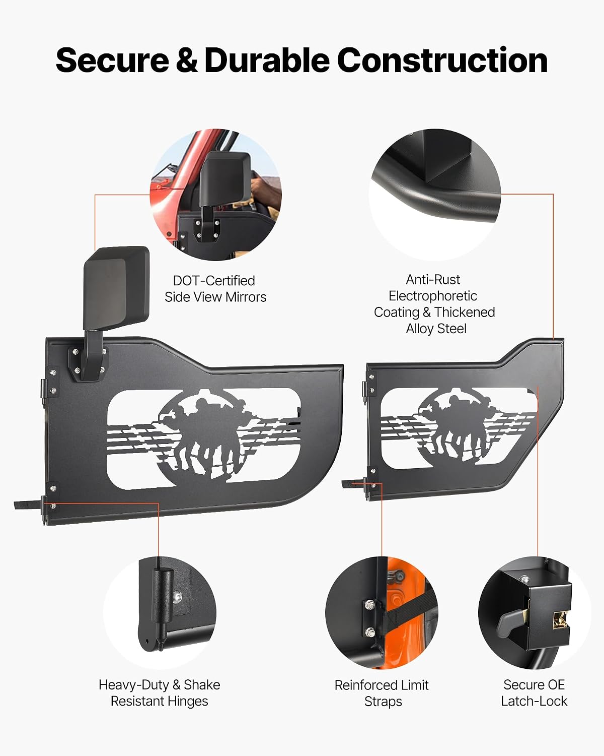 VEVOR Jeep Tube Doors, 4-Door, Fit for 2018-2026 Jeep Wrangler JL & 2020-2026 Gladiator JT, Soldier Pattern Off Road Front & Rear Tubular Half Doors with DOT Certified Side View Mirrors & Rubber Pads