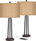 Possini Euro Design Modern Table Lamps 25 1/2' Tall Set of 2 with USB Charging Port Dark Bronze Metal Woven Burlap Drum Shade for Bedroom Living Room House Desk Bedside Nightstand Office Family