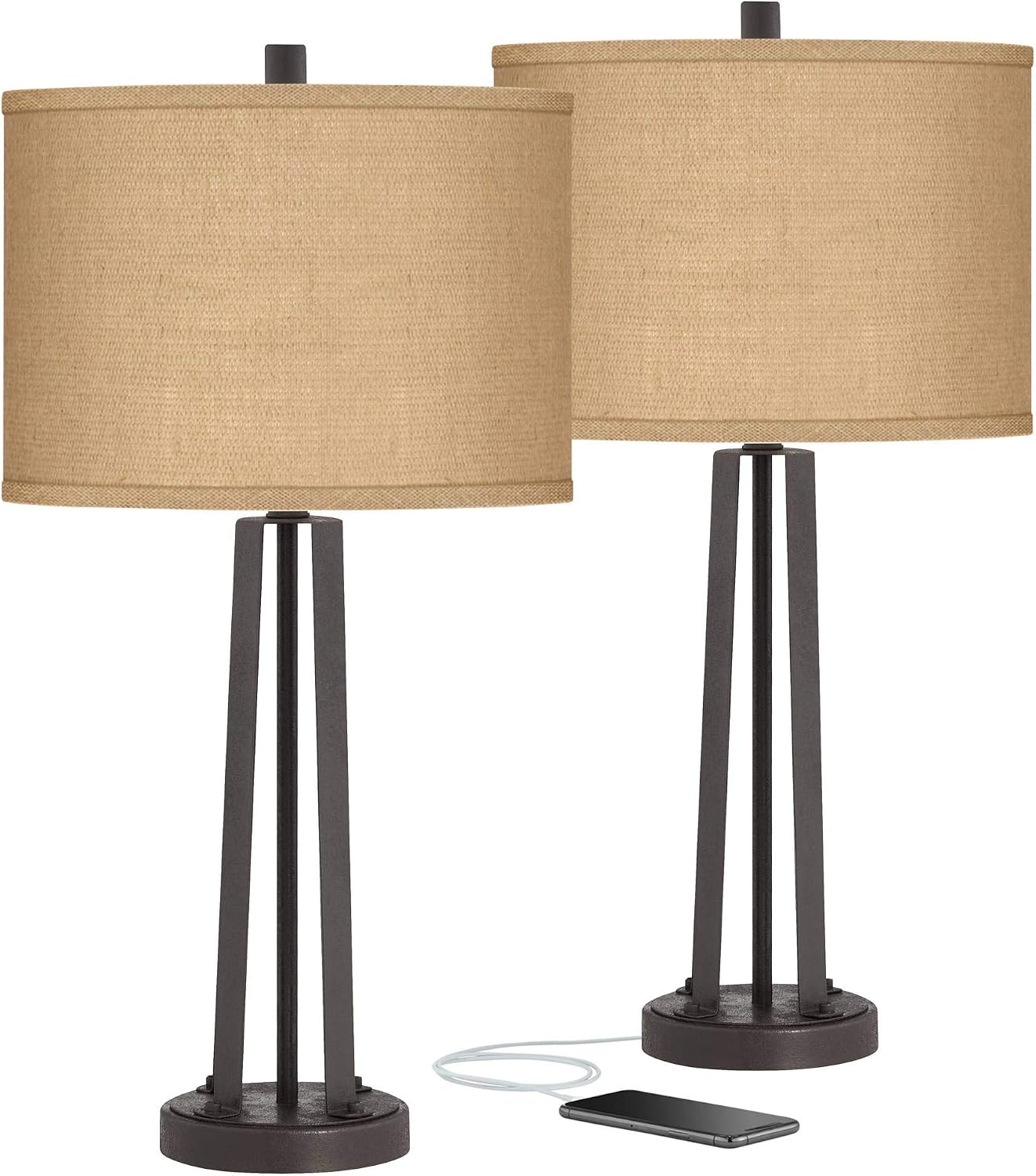 Possini Euro Design Modern Table Lamps 25 1/2' Tall Set of 2 with USB Charging Port Dark Bronze Metal Woven Burlap Drum Shade for Bedroom Living Room House Desk Bedside Nightstand Office Family
