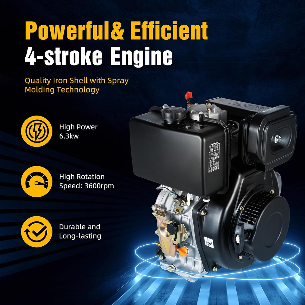 10HP Diesel Engine, 6300W 418CC Diesel Motor Engine 4 Stroke Heavy Duty Single Cylinder Air-Cooled Diesel Motor Vertical Shaft Diesel Engine For Tillers Generators Lawn Mower 3600RPM (10HP 6300W)