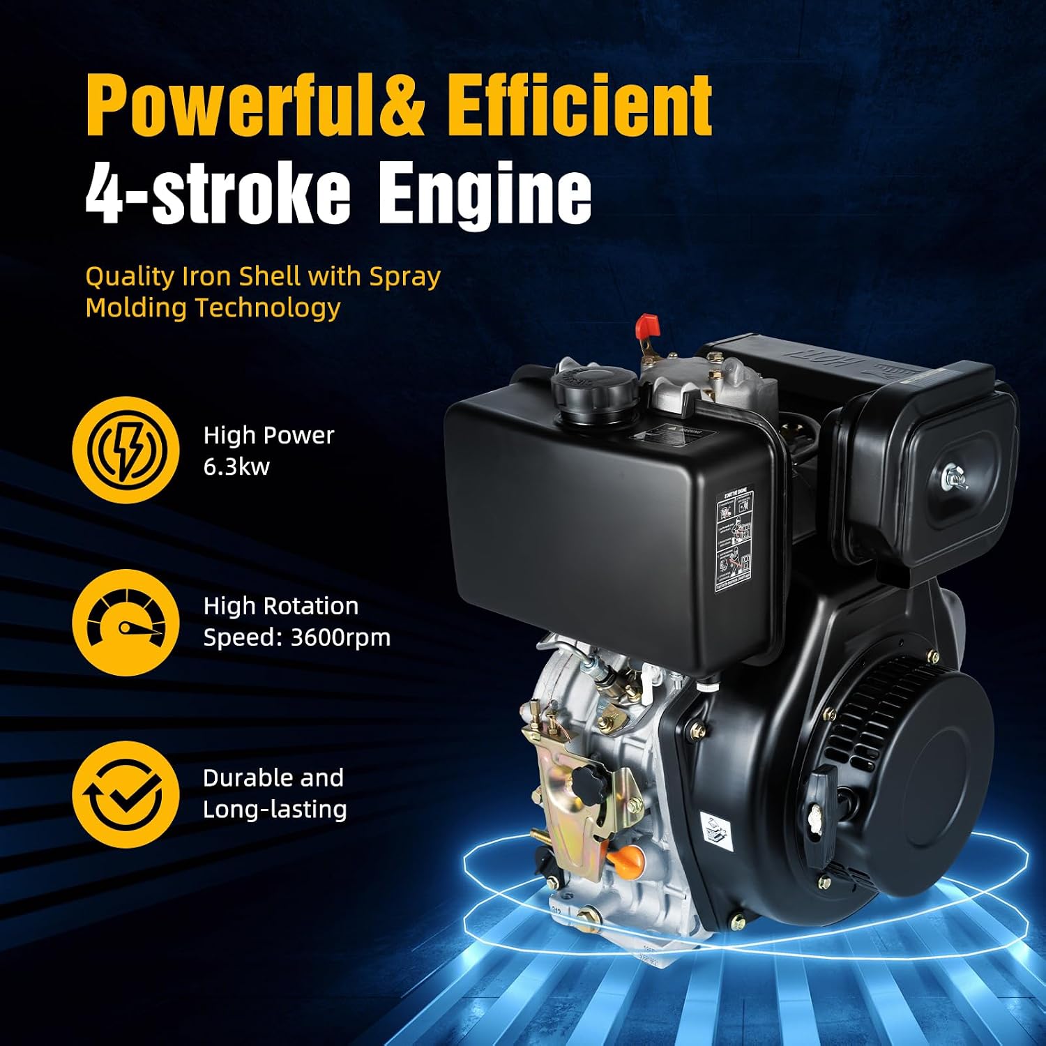 10HP Diesel Engine, 6300W 418CC Diesel Motor Engine 4 Stroke Heavy Duty Single Cylinder Air-Cooled Diesel Motor Vertical Shaft Diesel Engine For Tillers Generators Lawn Mower 3600RPM (10HP 6300W)