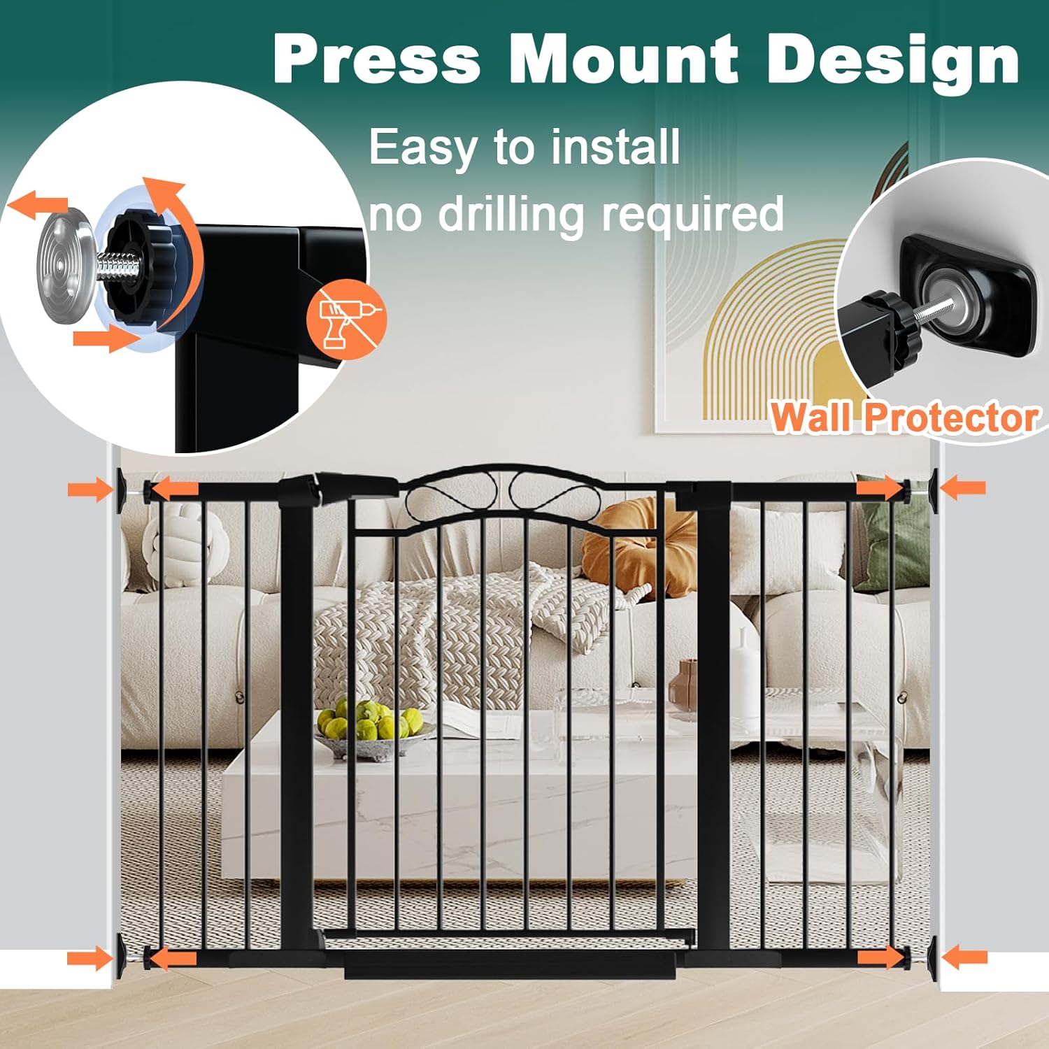 Fairy Baby 81.9'-84.6' Extra Wide Baby Gate for Stairs, Pressure Mounted Auto Close Child Safety Gate with Door No Drill, Large Long Pet Dog Gate for the House Doorways, 82 83 84 Inches Wide, Black