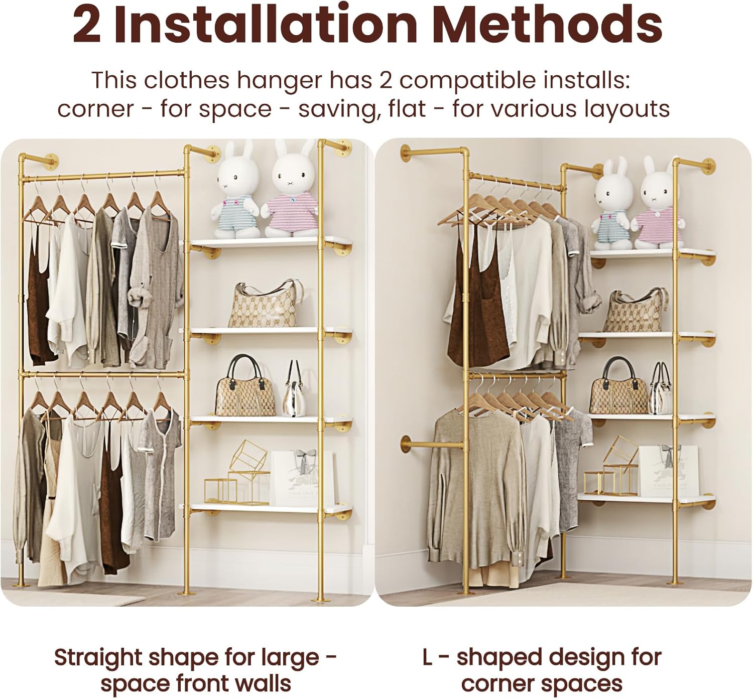 Industrial Pipe Clothing Rack Wall Mounted Heavy Duty, Space Saving Garment Hanger System for Wardrobe/Walk-in Closet, Gold