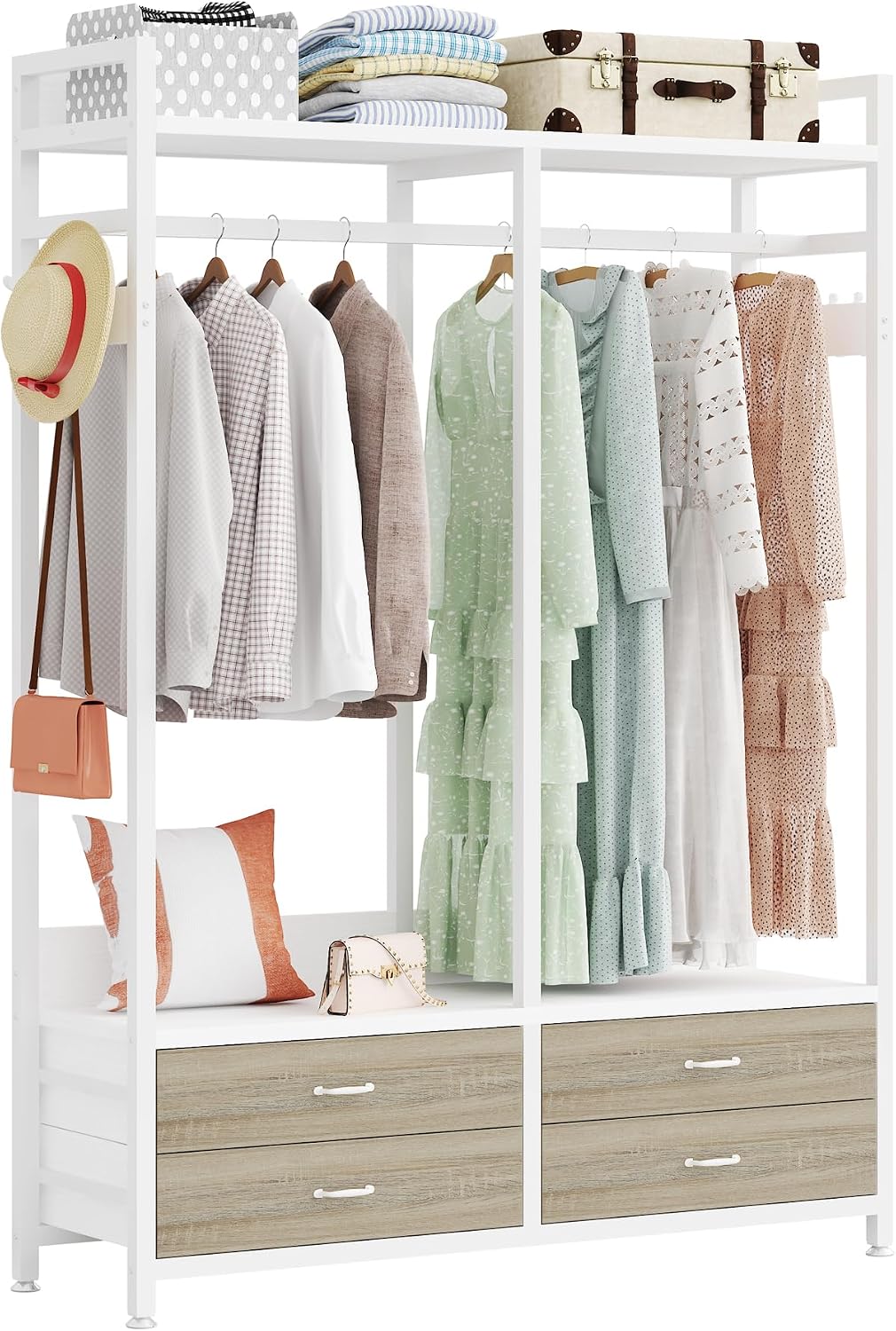 Tribesigns Freestanding Closet Organizer for Hanging Clothes, Heavy Duty Garment Rack with 4 Drawers, 8 Hooks and Storage Shelves, Wardrobe Closet Clothing Rack for Bedroom, Living Room, White Walnut