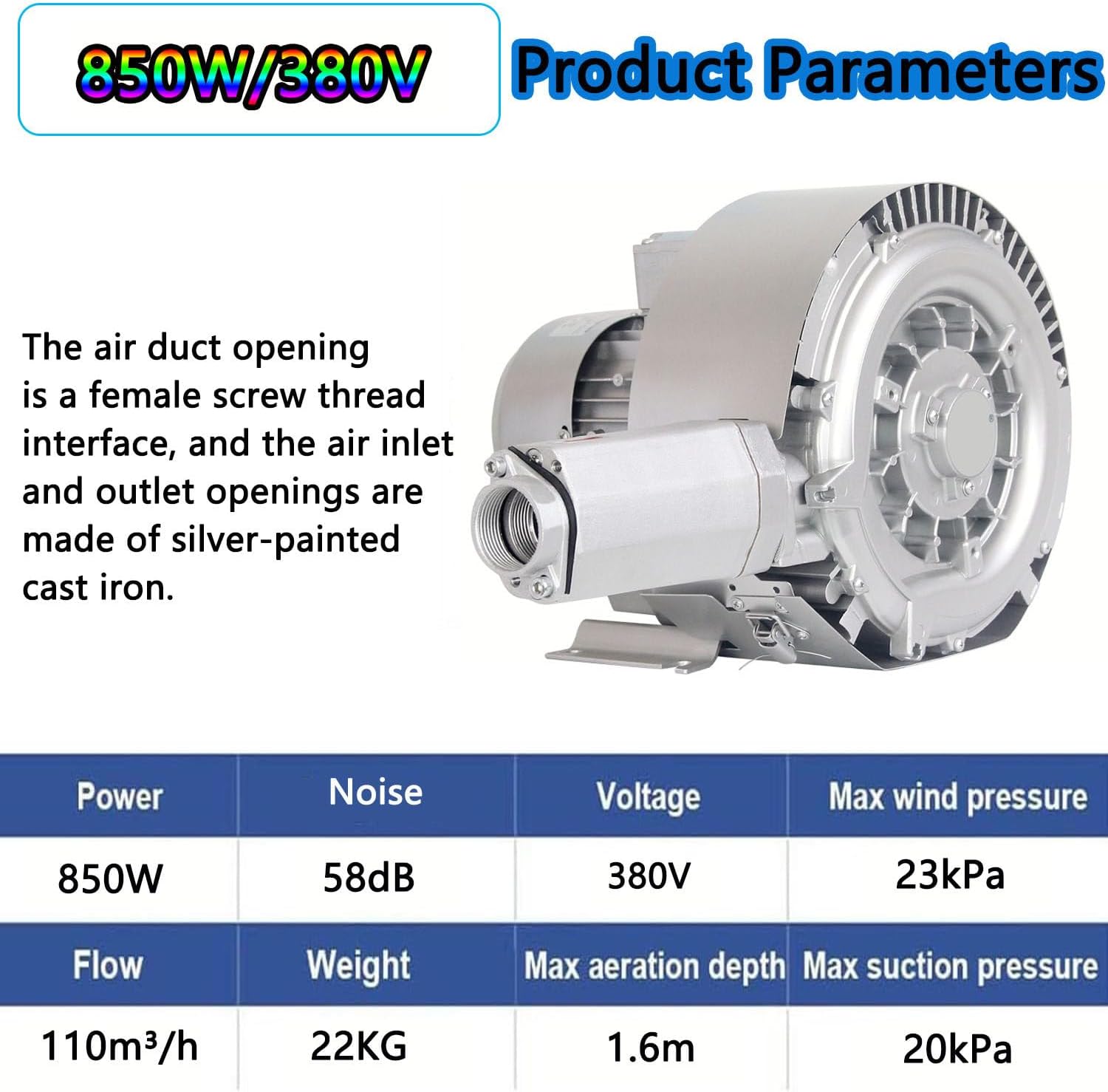 High Pressure Air Blower,Regenerative,380v,High-Pressure Vortex Ring,Industrial Extractor Fans,Commercial Fan(850W/380V)