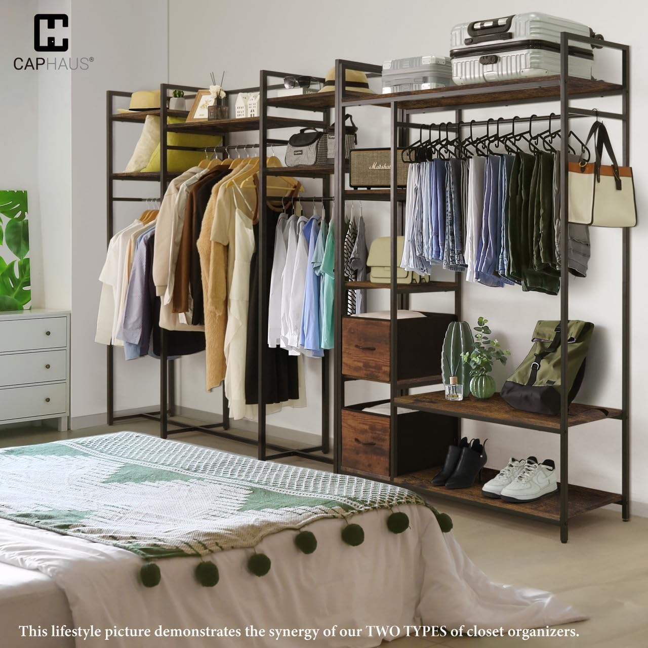 Fencer Wire Heavy Duty 979lbs Freestanding Closet Organizer w/Hanging Rods & Fabric Drawers, Garment Rack, Metal Clothes Rack w/Wood Shelves, Freestanding Closet Wardrobe, Rustic Oak Board