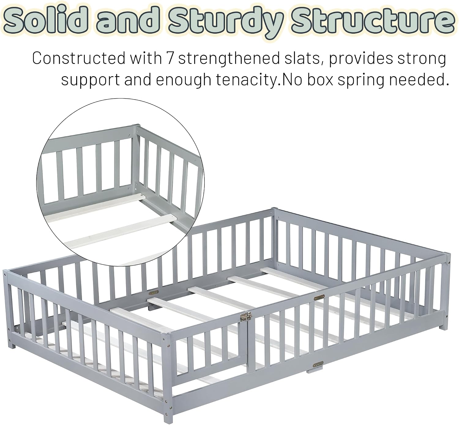 Full Floor Bed with Safety Guardrails for Kids, Rubber Wood Montessori Bed with Slats and Convertible Door,Full Size Bed Frame for Girls and Boys,No Box Spring Needed,Grey