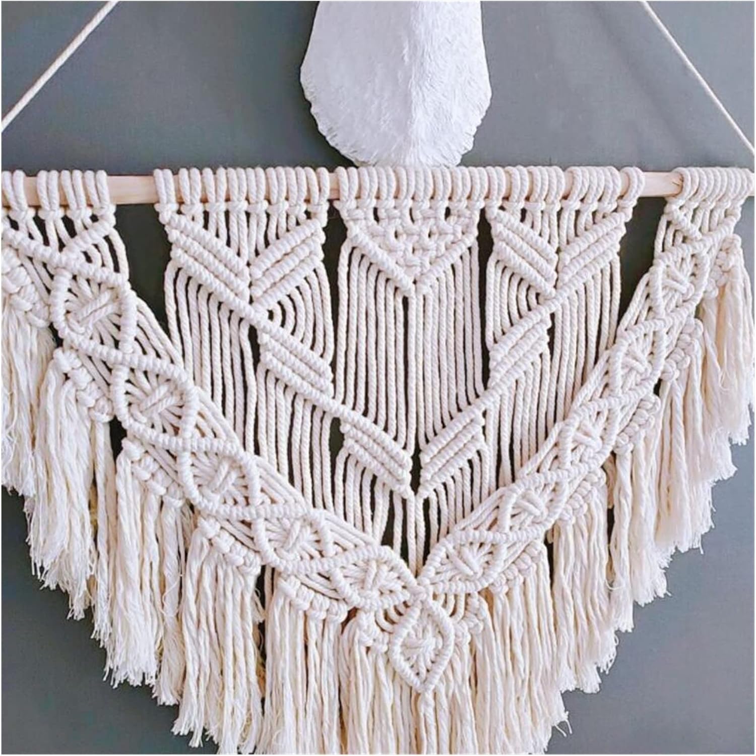 Tapestry Macrame Wall Hanging Hand-Woven Pendant Woven Tapestry Bohemian Crafts Room Decoration (Beige 80x60cm)