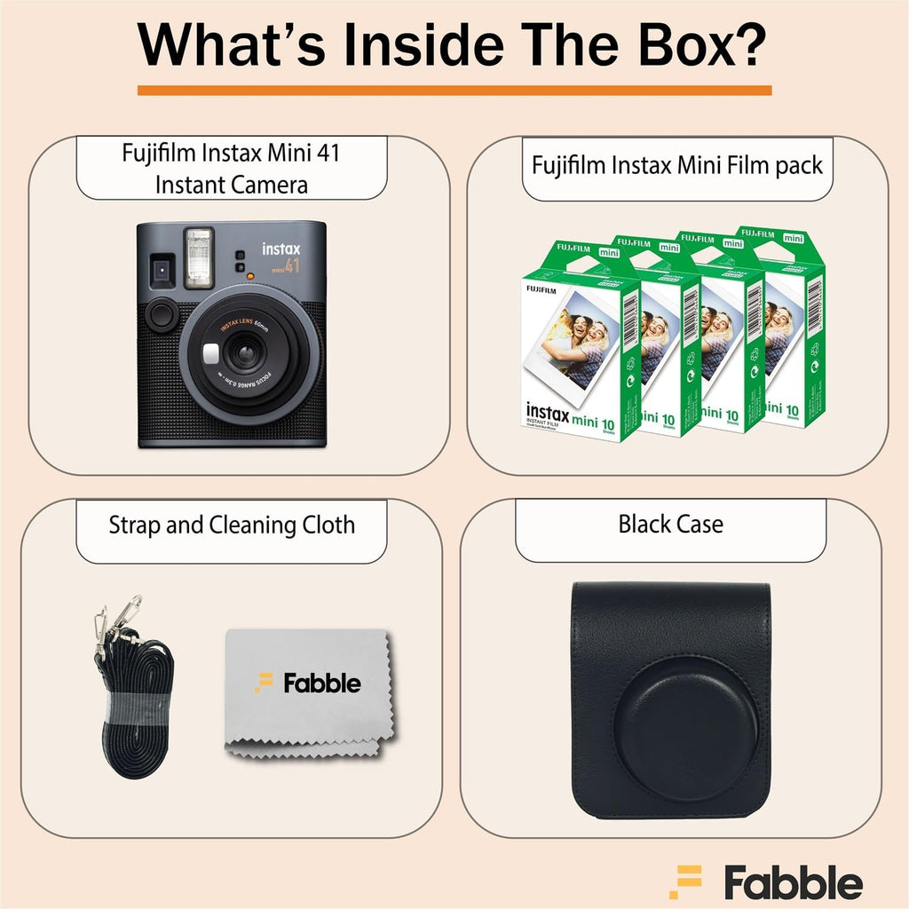 Fujifilm Instax Mini 41 Instant Film Camera Bundle with Groovy Case for Fuji Instax Mini 41, Twin Pack Film (40 Sheets) and Cleaning Cloth – Black (5 Items)