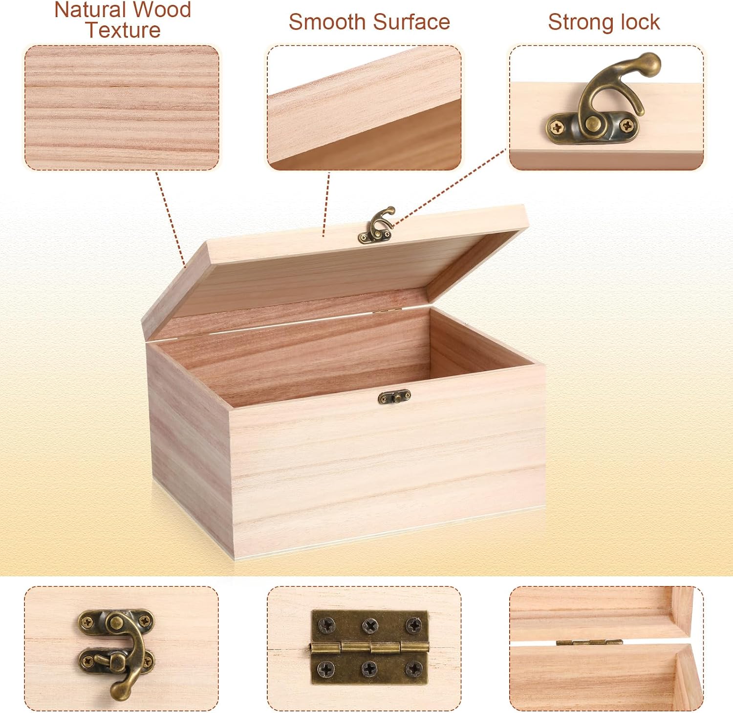 Yookeer 15 Pcs Large Unfinished Wooden Box with Hinged Lid and Front Clasp, Rectangle Unpainted Crafts DIY Wood Boxes Treasure Chest Stash Box for Art Gifts Jewelry Home Storage, 10.6x8.1x5.7 Inch
