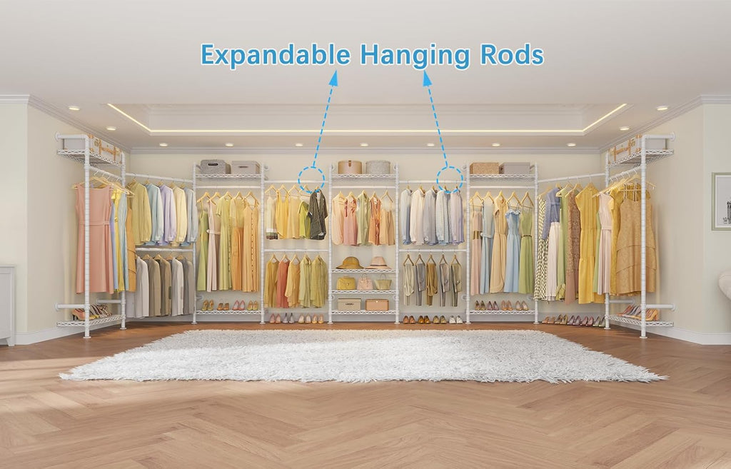 Timate L4 L Shape Garment Rack Heavy Duty Clothes Racks for Hanging Clothes, Expandable Industrial Pipe Clothing Rack Wall Mounted Closet Organizer Large Wardrobe Closet Kit Corner Closet System White