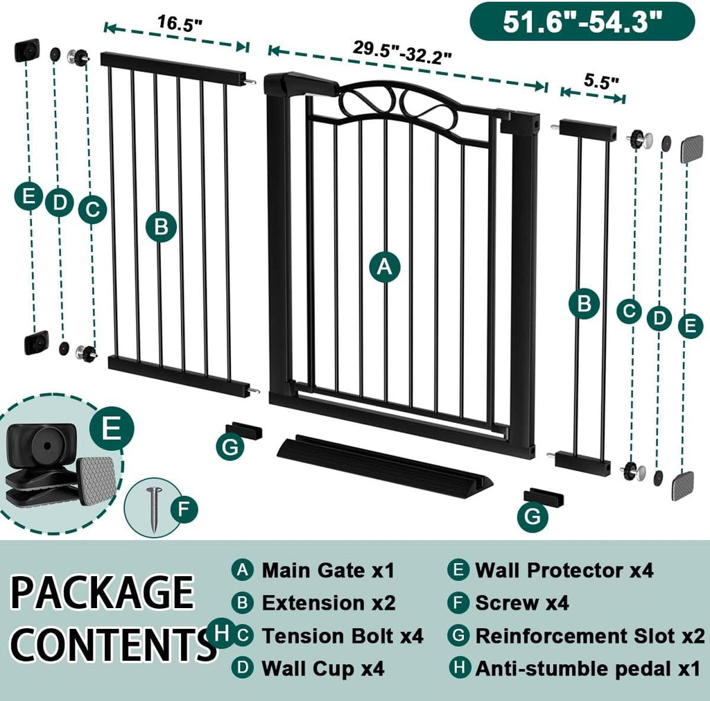 Fairy Baby 51.6'-54.3' Extra Wide Baby Gate with Door, 52 53 54 Inches Walk THR Baby Gates for Stairs Pressure Mounted no Drill, Indoor Tension Metal Child Pet Dog Safety Gate for Kids, Black